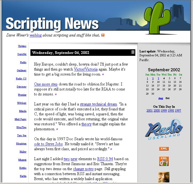 Screenshot of Scripting News, sept. 4, 2002